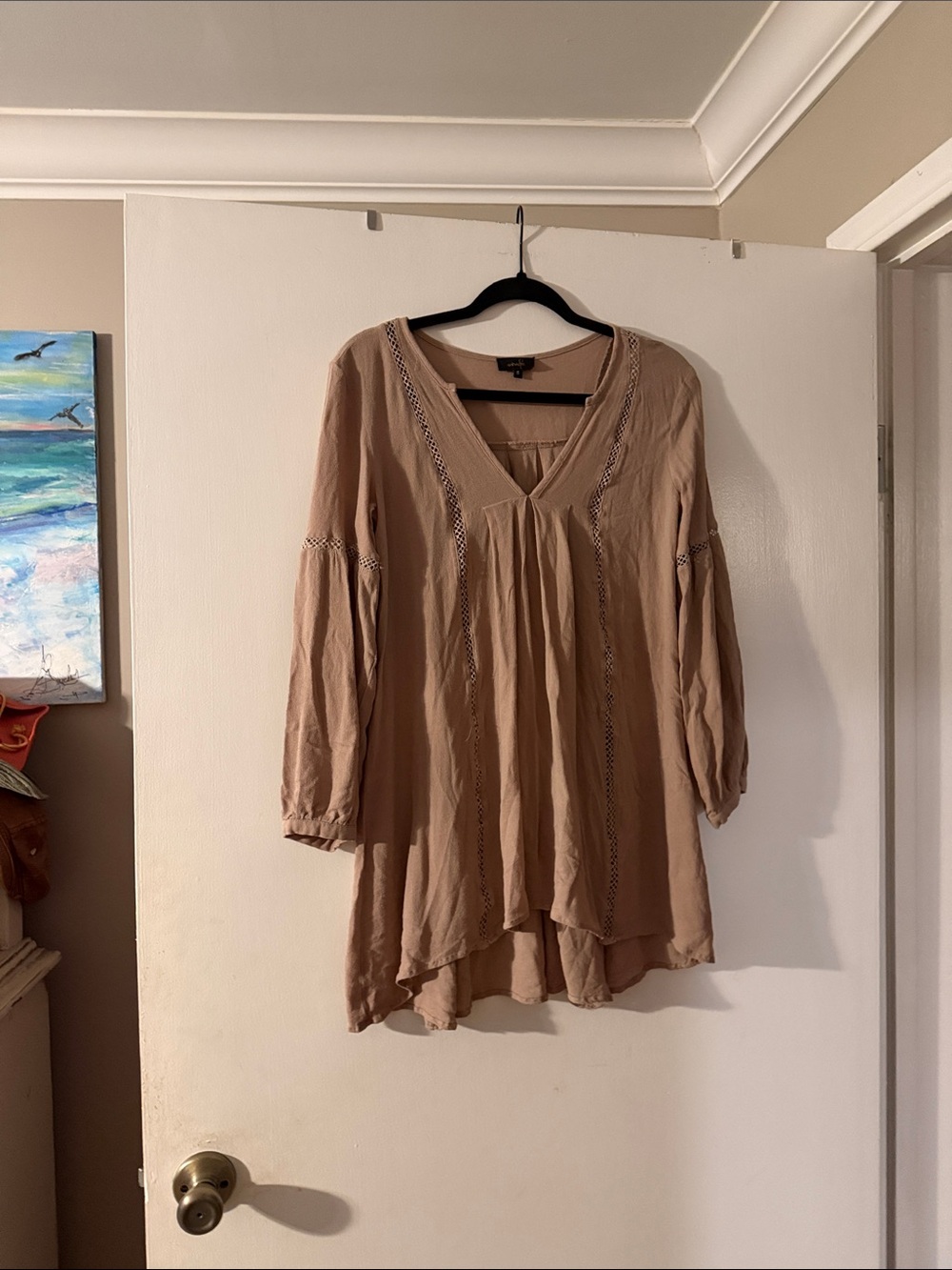 Lightweight Taupe V-Neck Tunic Top with Embroidered Trim
